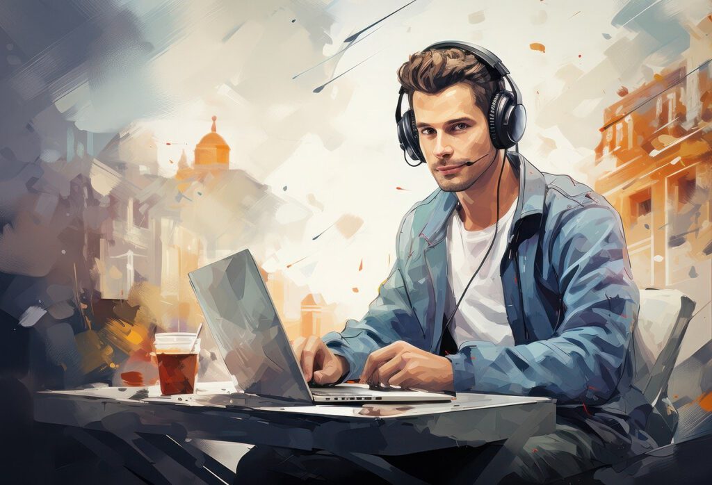 Muž se sluchátky na uších píše na notebooku